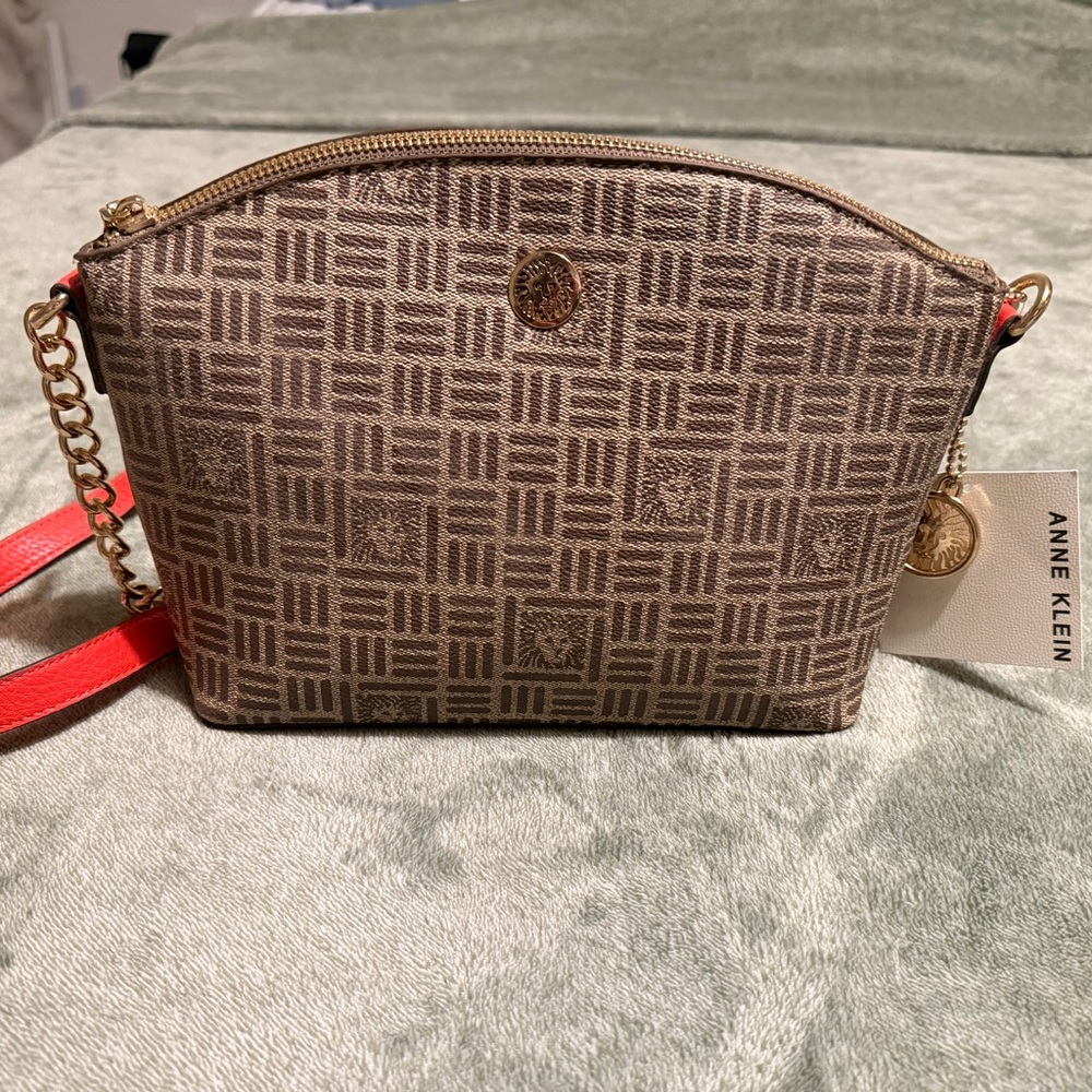 Anne Klein Brown Logo Crossbody Bag with Orange Strap